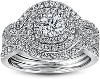KnSam Mujer Anillo, Juego De 3 Anillos Redondos De Lujo Plata Circón Anillo De Bodas Oro Blanco