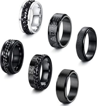 Finrezio 6-8MM Anillos para Hombre Anillo Giratorio Fidget Anillo para Hombres Anillos Acero Inoxidable Negro Anillo Runas Vikingas Anillo De Compromiso De Boda Anillos