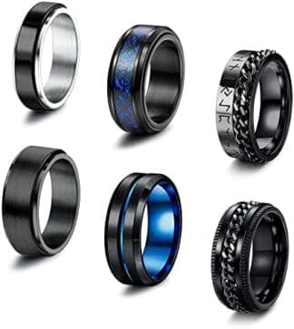 LOLIAS 6 Piezas Negro Anillos para Hombres Anillos de Acero Inoxidable Anillo Giratorios Cadena en Forma de Eslabones Banda Giratoria Negro Vintage Anillo para Hombre