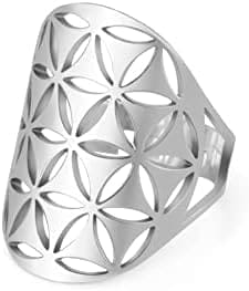 kkjoy Anillo de Acero Inoxidable con Calado Flor de la Vida Ajustable Anillo Dedo Abierto Anillos de Promesa Joyería Regalo para Mujeres