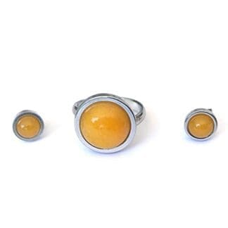 Conjunto anillo y pendientes con piedras naturales. Anillo y pendientes de acero inoxidable color plata con piedras semipreciosas. Amuletos de protección. Perfecto para regalo. (Jade amarillo)