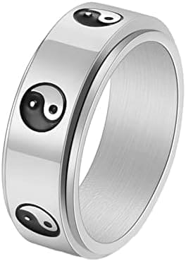 Epinki Anillos de Acero Inoxidable, Anillo Hombre y Mujer 8MM Ying Yang Giratorio Negro/Plata Anillo Antiestres