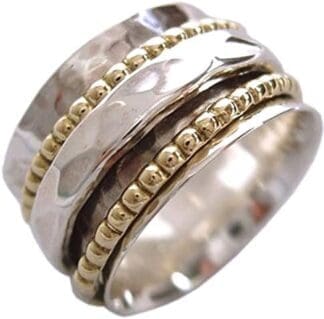Energy Stone Claridad - Anillo de meditación con motivo martilleado - Con aros de plata y latón giratorios a su alrededor - Plata de ley - (Modelo UK01)