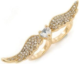 Avalaya Anillo de alas de dos dedos de cristal CZ corazón/chapado en oro/tamaño 7 y 6, Metal