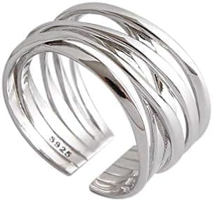 Anillos Abiertos de Plata de Ley 925 con Anillos de Alambre Trenzado Multicapa for Mujer (Color : Silver)