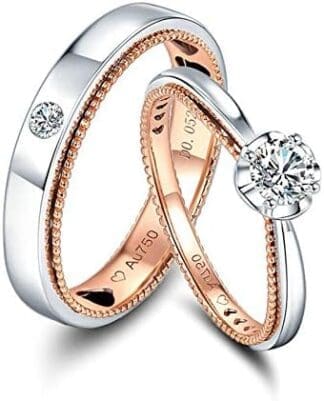 KnSam Anillo Oro de 18K, Redondo Forma Anillo de Bodas con Diamante Blanco, Anillo de Hombre Anillo de Mujer (Precio por 2 Anillos)