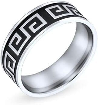 Bling Jewelry Anillo De Boda Plano Geométrico Antiguo De La Llave Griega Del Patrón Del Traste Para Los Hombres Las Mujeres Acero Inoxidable Negro De La Plata De Dos Tonos 8Mm
