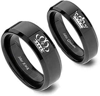 Juego de 2 anillos de corona negros para parejas, él y ella, de acero inoxidable, para compromiso, boda, ajuste cómodo