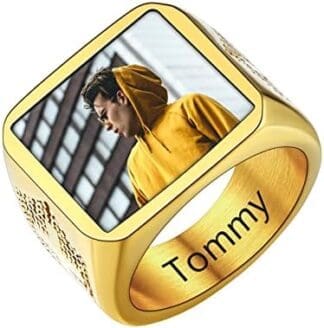 U7 Anillo Personalizable Acero Inoxidable 316L para Hombres con Fotos Anillo Ancho de Sello Cuadrado Redondo Joyería Hip Hop de Dedos para Parejas