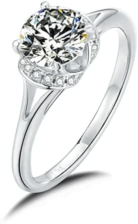 KnSam Mujer Anillo, Flor De 4 Garras Plata Circón Anillo De Bodas Oro Blanco