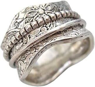 Energy Stone Artesano - Anillo de meditación con motivo floral grabado - Con aros giratorios a su alrededor - Plata de ley - (Modelo UK17)