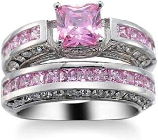 Banemi Anillos Mujer Elegantes, Regalo para Parejas Aniversario Rosado Forma Cuadrada Zirconia Cúbica Chapado en Plata Anillo de Compromiso para Novia Talla 12-22