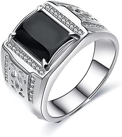 JIANGXIN Solitario para Hombre Anillo plata ley de Compromiso clásico de Bodas con Ágata negra,hecho a mano joyería única para Hombre?mejor regalo con Hermosa Caja de Regalo