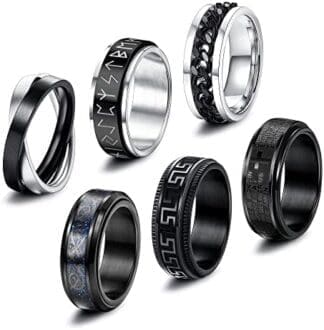 CASSIECA 6Pcs Anillos Giratorios de Acero Inoxidable para Hombres Mujeres Anillos Negros Banda Anillos Antiansiedad Anillos de Hombre para Aliviar el Estrés