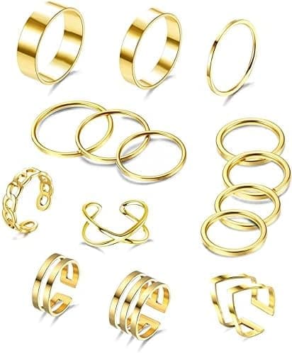 Adramata 15PCS Anillos para Nudillos de Oro y Plata para Mujer apilables Anillos de Acero Inoxidable para Mujer Conjunto de Anillos apilables de Moda Conjunto de Anillos Medios