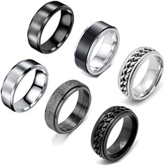 VELESAY 6 Piezas Anillos Hombre Acero Inoxidable Vintage Cadena Anillos Giratorios Anillos para Hombres Mujeres Anillos Hombre Negro Anillo Giratorio Hombre Anillos de Acero Mujer