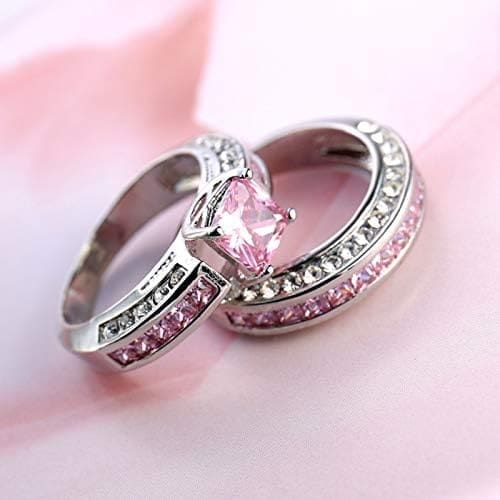 Banemi Anillos Mujer Elegantes, Regalo para Parejas Aniversario Rosado Forma Cuadrada Zirconia Cúbica Chapado en Plata Anillo de Compromiso para Novia Talla 12-22 - Imagen 3