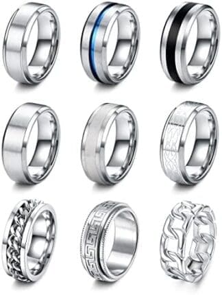 LOLIAS 9 Piezas Anillos Hombre Plata Acero Inoxidable Acabado Mate Anillo Cadena Banda Pulido Abrebotellas Anillos Alianzas Boda Anillo Compromiso Vintage Fidget Anillo para Hombre Mujere