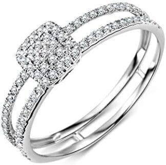 Miore Anillo de compromiso para mujer con diamante pavé, doble fila, oro blanco de 9 quilates, diamantes de 0,24 quilates