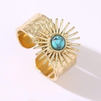 TRAGLO Anillo de Sol Bohemio, Anillos de Acero Inoxidable para Mujer, Piedra Natural, Turquesa, Color Dorado, Anillo Ancho, Anillos Abiertos Ajustables, joyería
