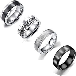 VELESAY 4 Piezas Anillos Hombre Acero Inoxidable Vintage Cadena Anillos Giratorios Anillos para Hombres Mujeres Anillos Hombre Negro Anillo Giratorio Hombre