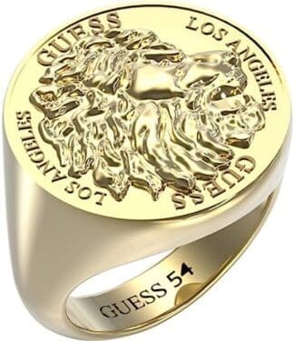 GUESS Colección LION KING. Anillo de acero inoxidable para hombre, dorado, el regalo para hombres con estilo.