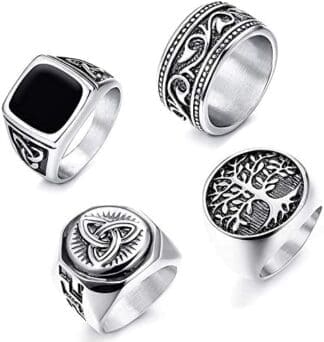 LOLIAS 4Pcs Anillos Hombre Signet Acero Inoxidable Anillos Nudo Celta Anchos para Hombres Mujeres Band Vintage Anillo Árbol de la Vida Juego Anillos Gótico Rock Retro Negro Anillo para Hombres