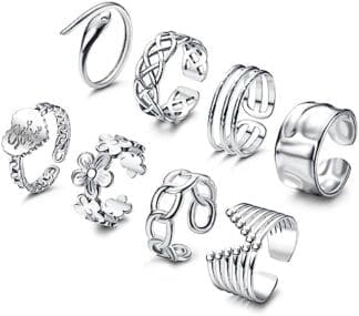 Chriscoco 8 Piezas Anillos Acero Inoxidable para Mujer Anillos Mujer Nudillos Anillos Juego Boho Ajustable Abierta Apilables Anillos Plata/Oro