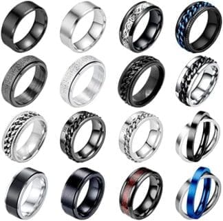 VELESAY 16Piezas Acero Inoxidable Anillos Hombre Plata Negro Anillo Vintage Cadena Anillos Conjunto Compromiso Promesa Boda Anillo Antiestres Hombre Anillo Unisex para Hombre Mujer Giratorio Anillo