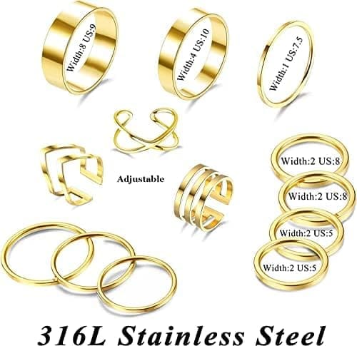 Adramata 15PCS Anillos para Nudillos de Oro y Plata para Mujer apilables Anillos de Acero Inoxidable para Mujer Conjunto de Anillos apilables de Moda Conjunto de Anillos Medios - Imagen 2
