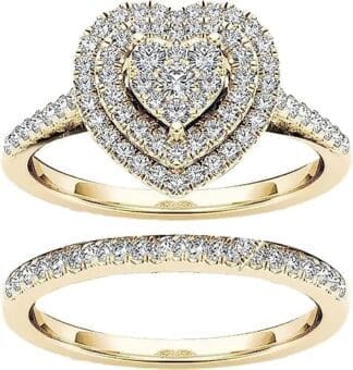 anillo oro mujer 2 anillos de compromiso con diamantes de corazón for mujer, anillo de promesa, anillo de bandas de eternidad for aniversario, día de San Valentín, regalo de joyería de cumpleaños. (C