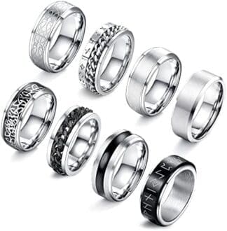 LOLIAS 8 Pcs Anilos Hombre Acero Inoxidable Abrebotellas Giratorios Cadena Banda Vintage Plata Anillos para Hombre Anillo Negro Regalo Tamano 14-30