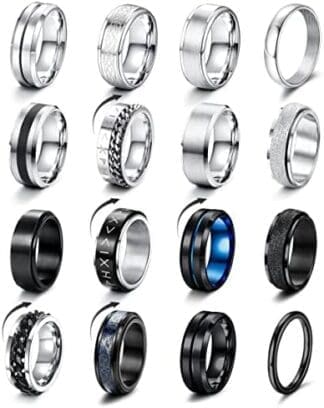 LOLIAS 16 Piezas Anillos Hombre Plata Negro Acero Inoxidable Acabado Mate Anillo Cadena Banda Pulido Abrebotellas Anillos Alianzas Boda Anillo Compromiso Vintage Fidget Anillo para Hombre Mujere