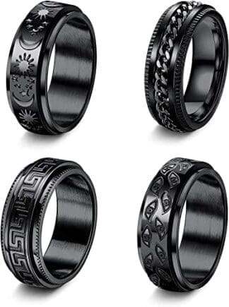 LOLIAS 4 Piezas Anillo Spinner Negro para Hombr Mujer Cool Luna Estrella Anillos Ansiedad Anillos Mal Ojo Acero Inoxidable Fidget Anillo Alivio Estrés Anillo Promesa Boda