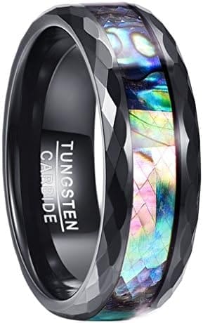 NUNCAD Anillo Mujer Hombre Unisex de Tungsteno Negro con Concha de Abulón 8mm de Ancho Talla 9.25-32.25