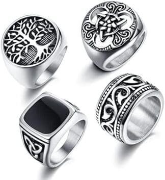 LOLIAS 4Pcs Anillos Hombre Signet Acero Inoxidable Anillos Nudo Celta Anchos para Hombres Mujeres Band Vintage Anillo Árbol de la Vida Juego Anillos Gótico Rock Retro Negro Anillo para Hombres