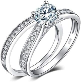 JewelryPalace Solitario Anillo Mujer Plata Oro 14k Oro Rosa, Anillo Compromiso 1ct Circonita Corte Redonda Diamante Simulado, Banda de Boda Media Eternidad Piedra, Anillo Promesa Conjunto Novia