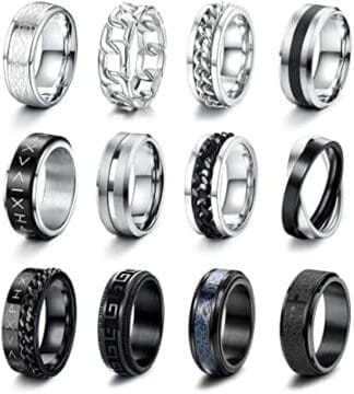 CASSIECA 12Pcs Anillos Hombre Plata Negro Acero Inoxidable Banda Abrebotellas Anillos Alianzas Boda Anillo Compromiso Vintage Fidget Anillo para Hombre Mujere Cumpleaños Regalos Navidad Talla 12-30