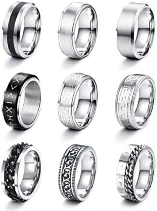 LOLIAS 9 Piezas Anillos Hombre Plata Negro Acero Inoxidable Acabado Mate Anillo Cadena Banda Pulido Abrebotellas Anillos Alianzas Boda Anillo Compromiso Vintage Fidget Anillo para Hombre Mujere