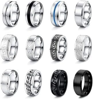 JeweBella 12Piezas Anillos Hombres Acero Inoxidable Anillos Plata Pulida Nudo Celta Anillos Vikingos Vintage Anillos Cadena Negra Juego de Anillos Góticos Anillos de Compromiso de Amistad para Hombres