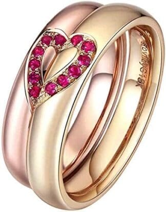 KnSam Anillo Oro de 18K, Corazón Forma Anillo de Bodas con Rubí Rojo 0.1ct, Mujer Talla 12 y Hombre Talla 27 (Precio por 2 Anillos)
