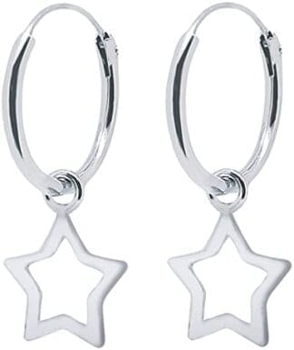 ENTREPLATA Pendientes Plata de Ley 925. Aros con Colgante forma de Estrella. Pendientes Mujer Niña Hombre Niño Unisex. Par de Aretes Criollas con colgante de Estrella Calada