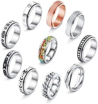 JeweBella 10 Piezas Anillo Antiestres Acero Inoxidable para Mujer Hombre Anillo Ansiedad Anillo Antiestres Giratorio Anxiety Ring Anillos Triple Entrelazado Rolling Flower Moon Star Anillo Talla 9-25