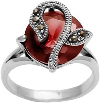 Silverly Anillo Mujeres en Plata de Ley .925 Circonita Redondo Rojo Flor Marcasitas Simuladas