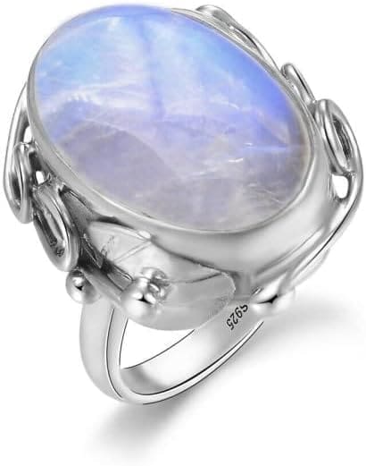 XJruixi Anillos de Piedra Lunar Natural para Hombres y Mujeres Anillo de joyería de Plata esterlina 925 con Piedras Grandes 11x17MM Piedras Preciosas ovaladas Regalos al por Mayor