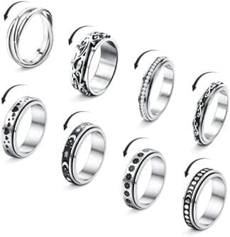 KALVICA 8 Pcs Anxiety Ring Anillos Giratorios para Mujer Giratorio de Hombre de Unisex Juego de Anillos de Acero Inoxidable Anillo de Compromiso Talla 9-27