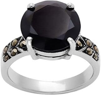 Silverly Anillo Mujeres en Plata de Ley .925 Solitario Circonitas Negro Ronda Marcasita Simulado