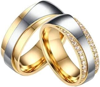 ANAZOZ Anillos de Parejas Acero Inoxidable,Anillos de Hombre y Mujer Oro Plata con 7MM Redondo Circonita Blanca