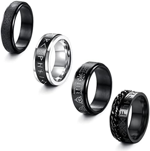 KALVICA 4 Piezas Anillos Hombre Mujeres Acero Inoxidable Anillos Giratorio Vikingo Runas Celtas Anillo de Cadena Negro Tamaño del Anillo 14-30(US7-13)