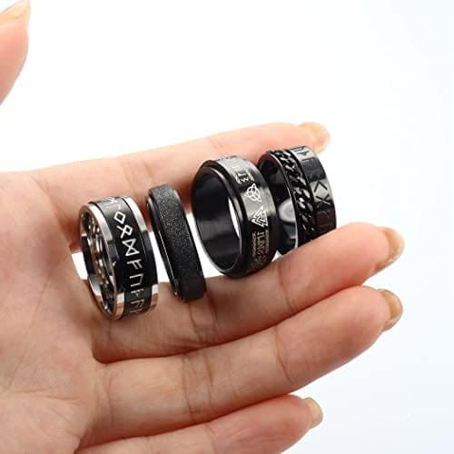 KALVICA 4 Piezas Anillos Hombre Mujeres Acero Inoxidable Anillos Giratorio Vikingo Runas Celtas Anillo de Cadena Negro Tamaño del Anillo 14-30(US7-13) - Imagen 3